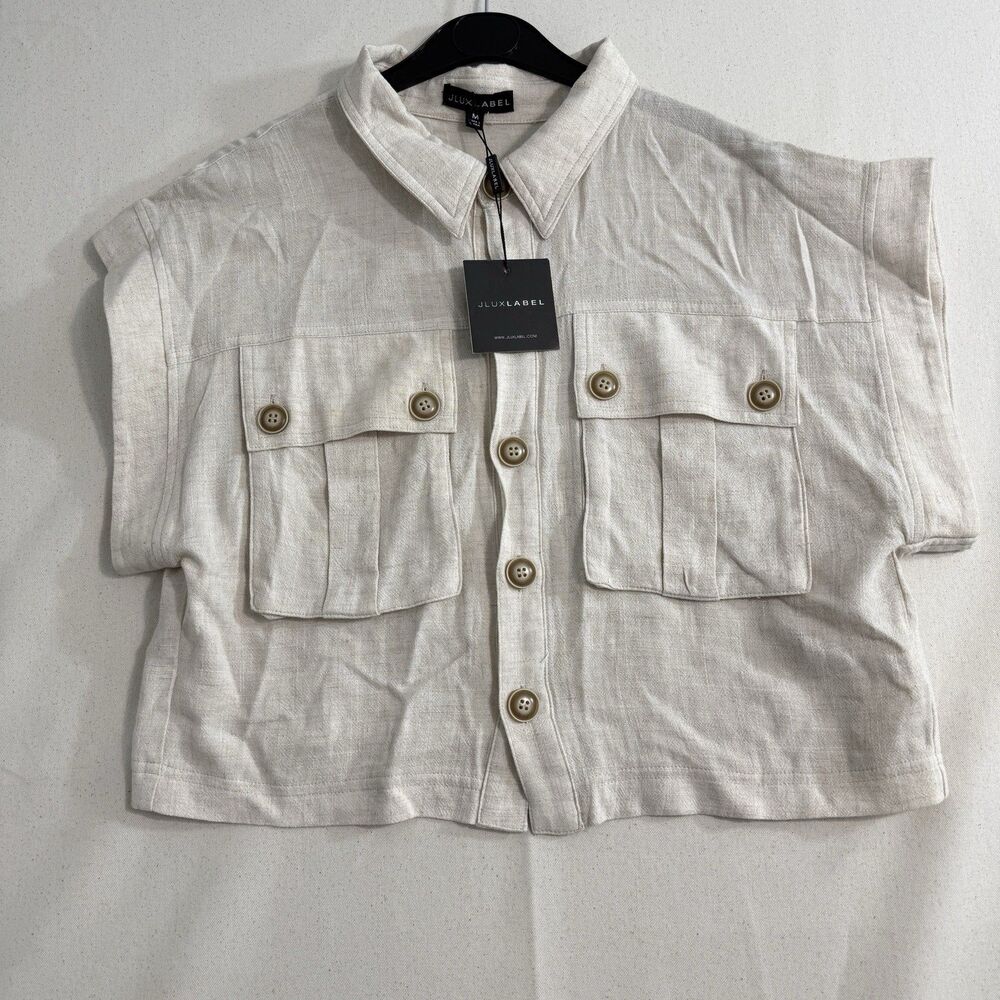 JLUXLABEL Linen Blend Collared Button-Down Blouse Crop Roll Sleeve Size Medium